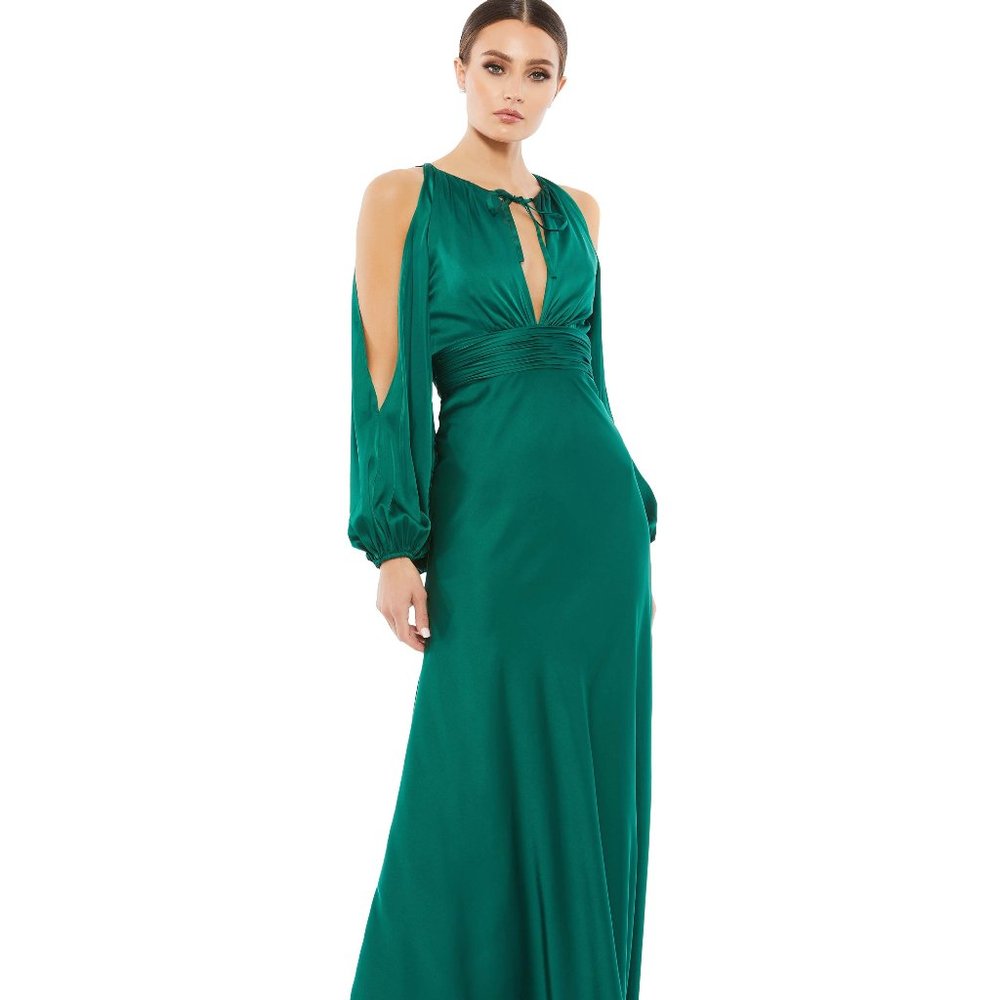 TIED KEYHOLE COLD SHOULDER BISHOP SLEEVE GOWN